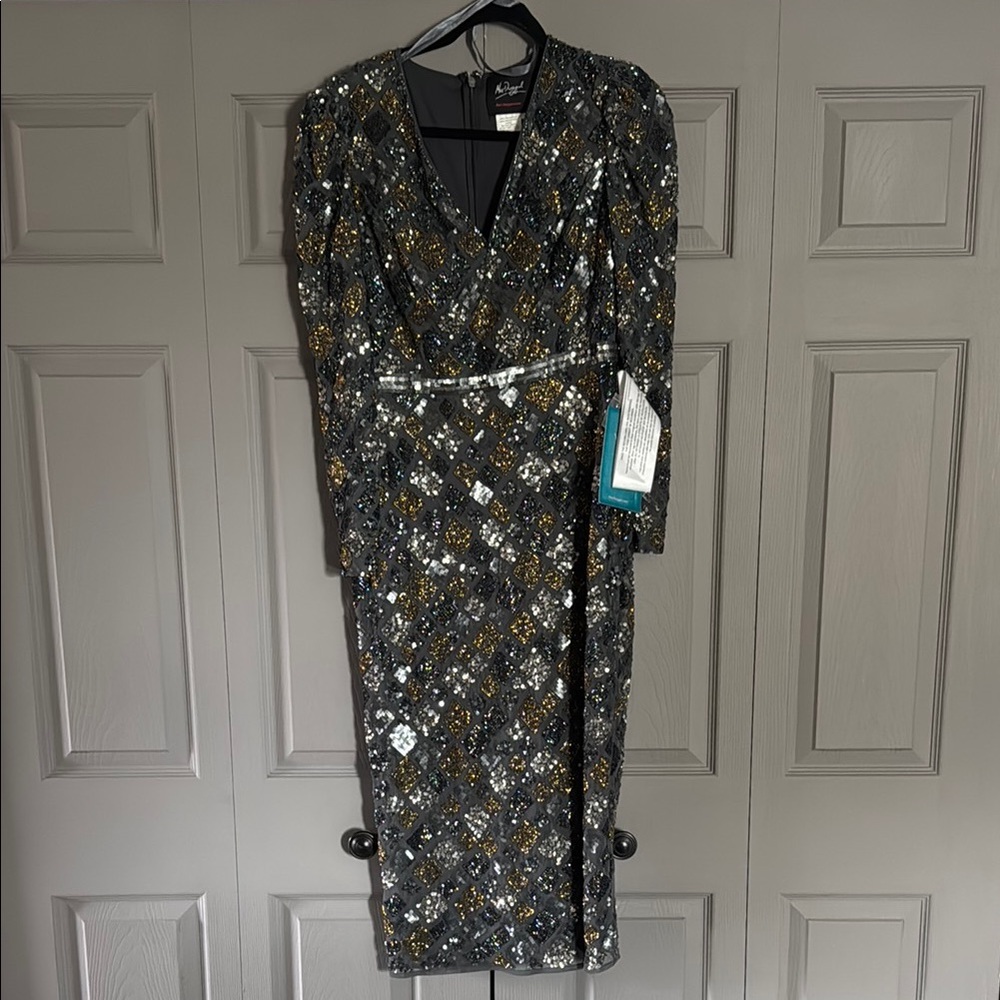 Mac Duggal Black and Gold Puff Sleeve Sheath Dress